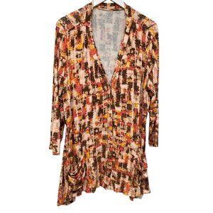 LOGO Lori Goldstein Cardigan Plus Size 1X Tunic Top V-neck Boho Orange Print Ray